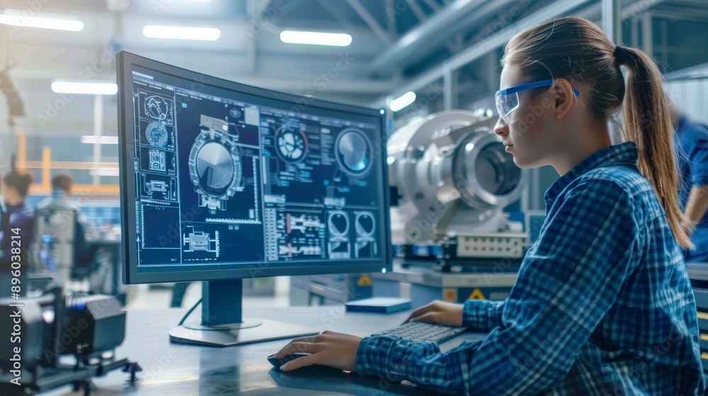 Female Engineer Designing Innovative Technology on Computer Screen in Modern Industrial Workspace Female Engineer Designing Innovative Technology on Computer Screen in Modern Industrial Workspace