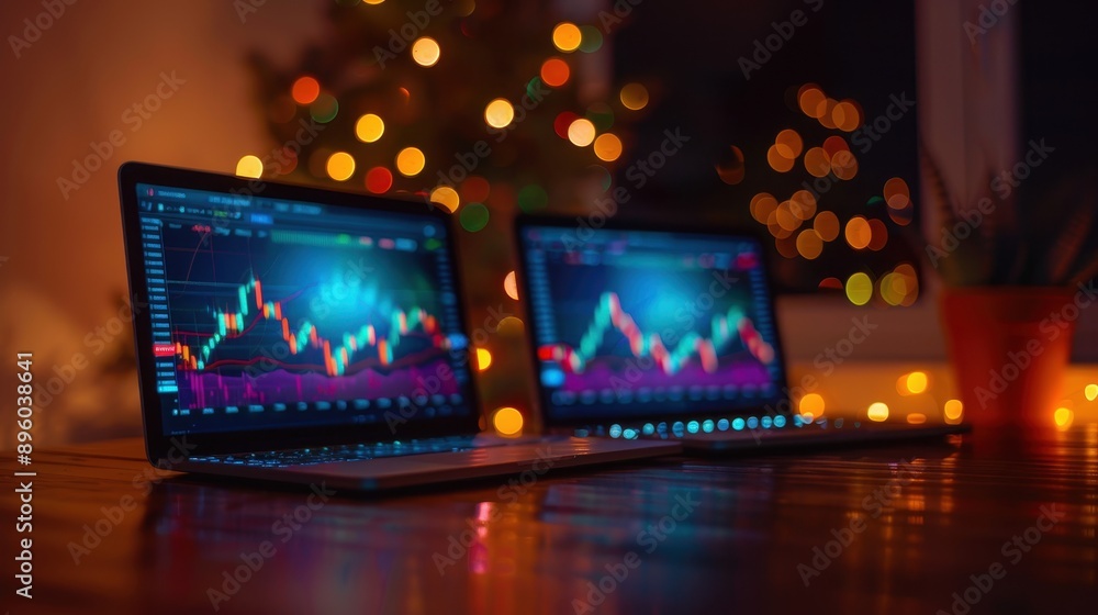 Stock Market Charts On Laptops In A Festive Atmosphere. Stock Market Charts On Laptops In A Festive Atmosphere.