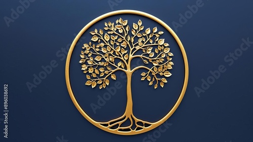 Philosophical Ontology A golden tree of life on a dark blue background photo