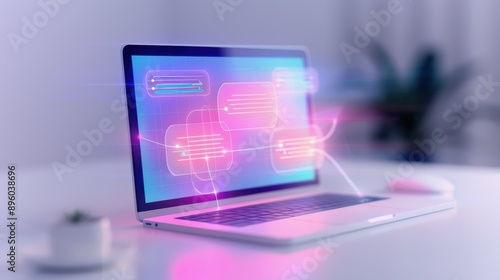 Laptop with Neon Flowchart on Screen.