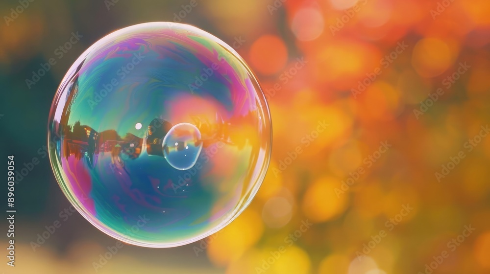 A single iridescent soap bubble floats against a blurry background of warm autumn colors. A single iridescent soap bubble floats against a blurry background of warm autumn colors.