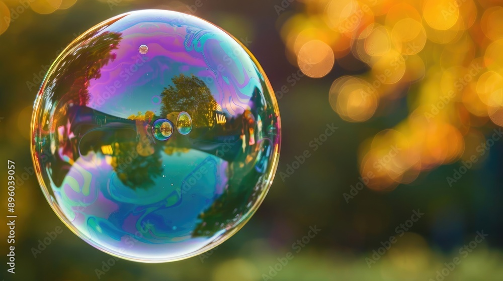 A single soap bubble floats in the air, reflecting the surrounding autumn colors. A single soap bubble floats in the air, reflecting the surrounding autumn colors.