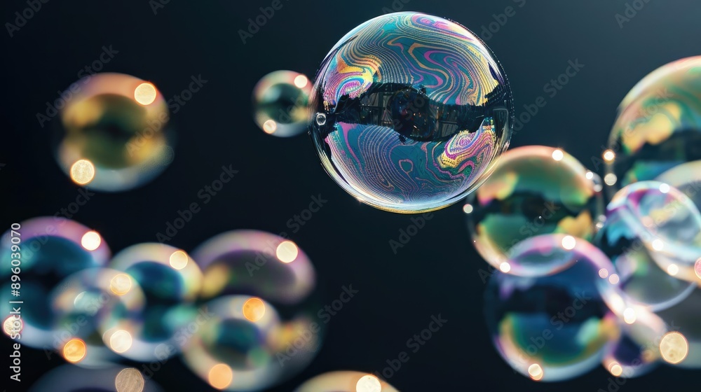 Naklejka premium Close-up of iridescent soap bubbles floating against a dark background.