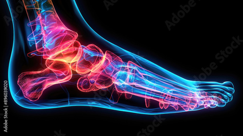 A side view shot of a human foot glowing blue with an x-ray effect, showing the bony structure of the foot.