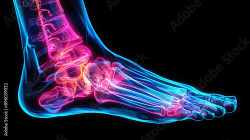 A side view shot of a human foot glowing blue with an x-ray effect, showing the bony structure of the foot.