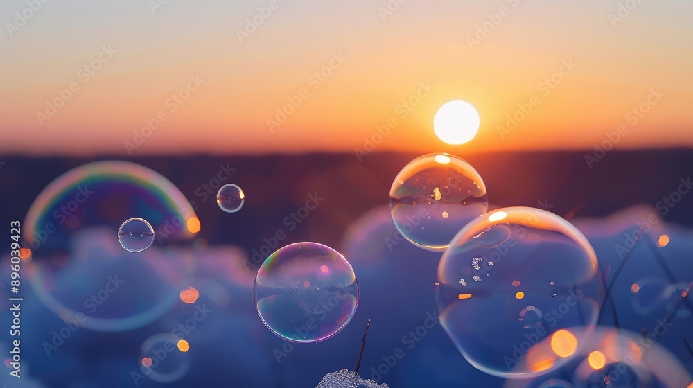 Bubbles float in the air at sunset, creating a magical and ethereal scene. Bubbles float in the air at sunset, creating a magical and ethereal scene.