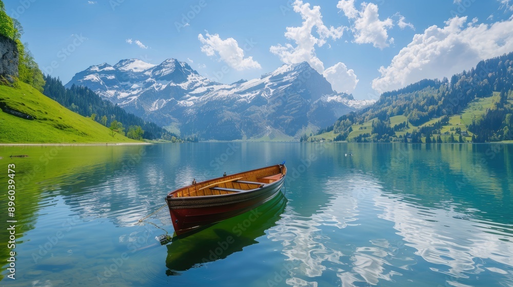 Tranquil mountain lake with a Saanen fishing boat, perfect for capturing the beauty of nature and relaxation Tranquil mountain lake with a Saanen fishing boat, perfect for capturing the beauty of nature and relaxation