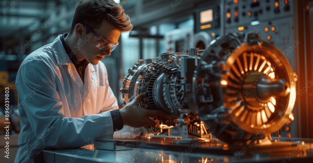 Scientist in a white coat examining a complex machine in a laboratory setting Scientist in a white coat examining a complex machine in a laboratory setting