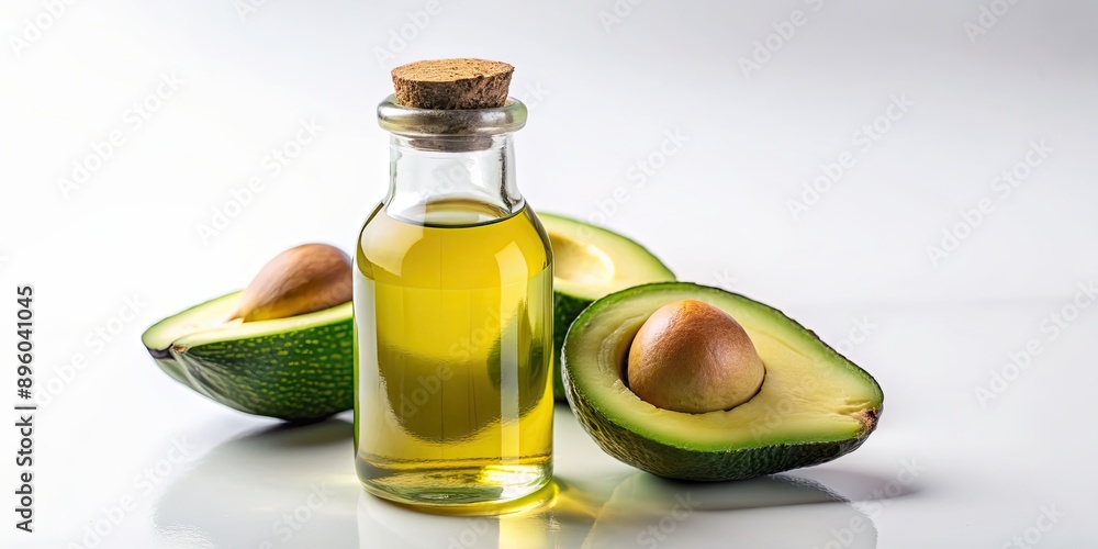 Bottle of avocado oil and fresh avocado on white background, healthy, natural, skincare, beauty, ingredient, food, organic, nutrition Bottle of avocado oil and fresh avocado on white background, healthy, natural, skincare, beauty, ingredient, food, organic, nutrition