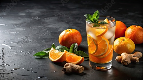 Vibrant tangerine ginger seltzer on black matte surface , refreshing, beverage, orange, contrast, bubbles, fizzy, drink