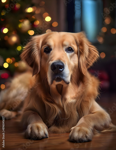 Golden Retriever dog sitting on the floor looking at the camera, Christmas tree background