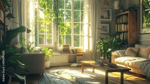 Sunlit Home Interior with Large Windows, Plants, and Wooden Flooring for Natural Light Inspiration