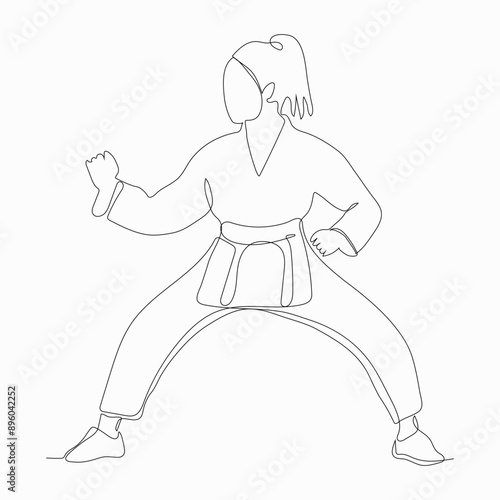 continuous one line art of a female karate fighters illustration.