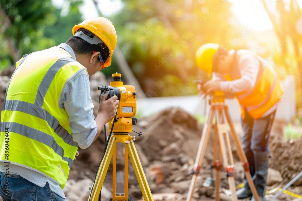 Engineer and surveyor using theodolite transit at outdoor construction site with ai assistance Engineer and surveyor using theodolite transit at outdoor construction site with ai assistance