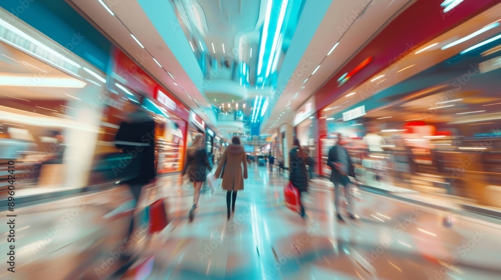Dynamic motion blur of shoppers with bags in modern mall, creating vibrant shopping atmosphere Dynamic motion blur of shoppers with bags in modern mall, creating vibrant shopping atmosphere