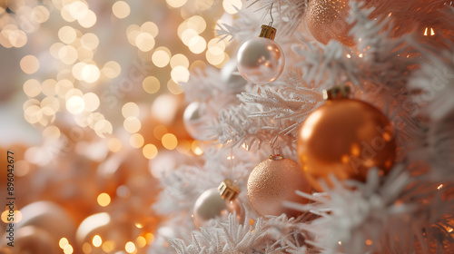 Golden Christmas ball ornament on snow with festive tree decorations