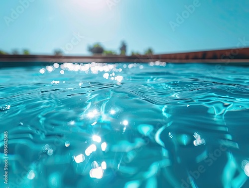 Beautiful blue swimming pool water with sparkling sunlight reflections photo