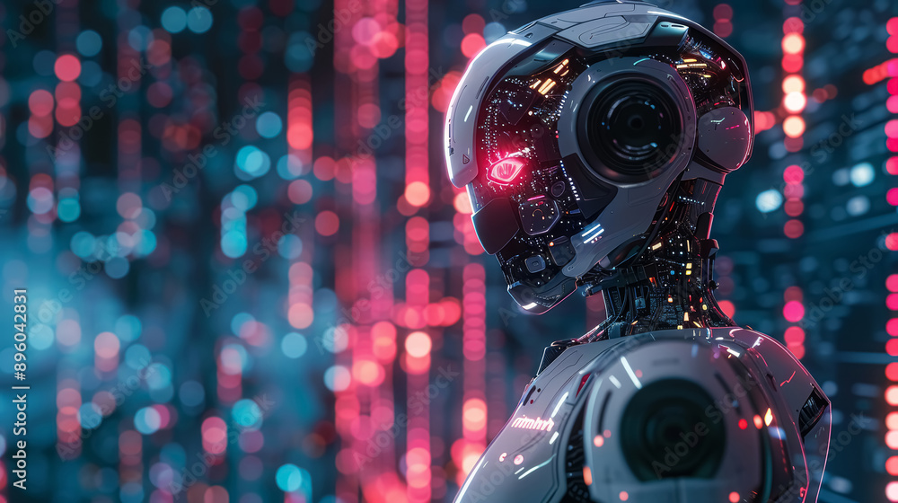 Obraz premium Humanoid AI artificial intelligence robot interacting with digital environment, red and blue neon colors. Concept of futuristic digital technologies. 