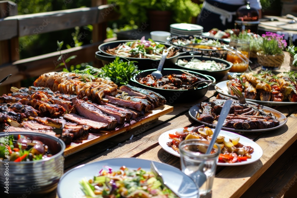 Obraz premium Abundant BBQ Feast on Wooden Table - Ideal for Hospitality and Culinary Promotions