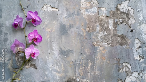 Pink Orchids on Weathered Concrete Wall