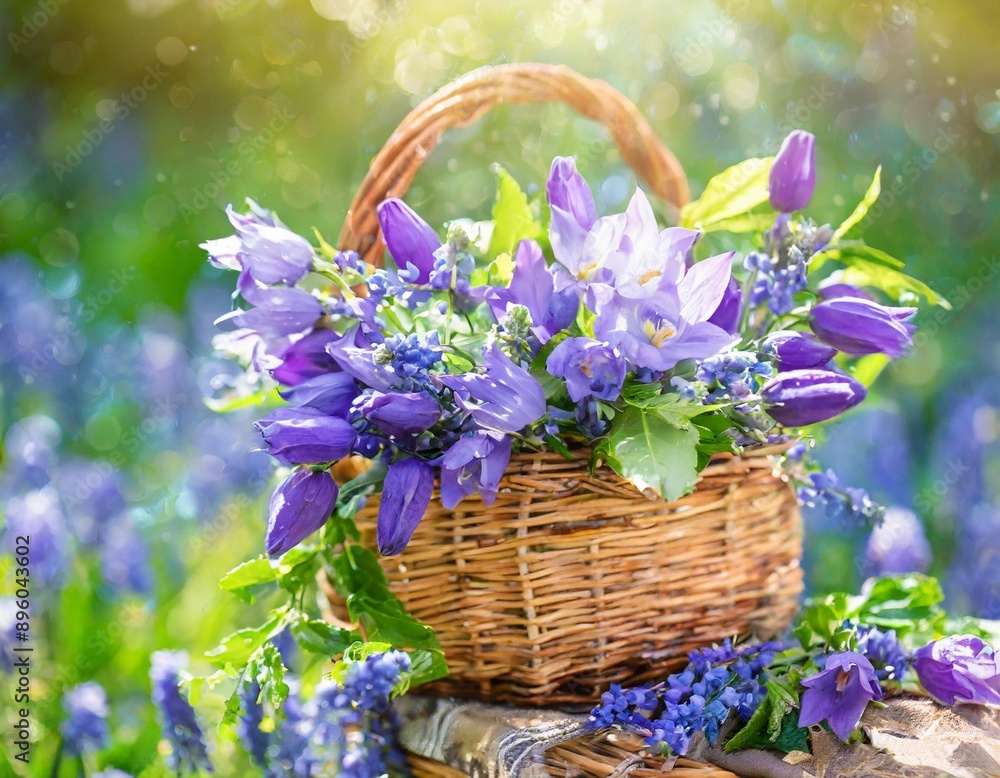 Summer background, Summer flowers in basket. Summer background; bluebells Summer flowers Summer background, Summer flowers in basket. Summer background; bluebells Summer flowers