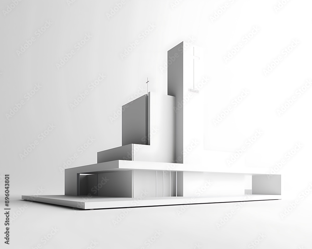 A simple white model of a modern church with clean lines and a minimalist design isolated against a white background The sleek architecture stands out against the plain backdrop A simple white model of a modern church with clean lines and a minimalist design isolated against a white background The sleek architecture stands out against the plain backdrop