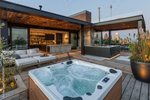 Modern rooftop patio with hot tub and city views. © Nana