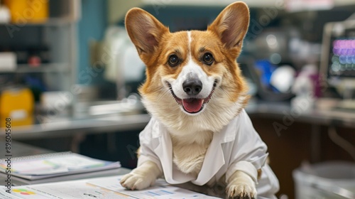 A corgi in a lab coat, standing next to a medical chart photo