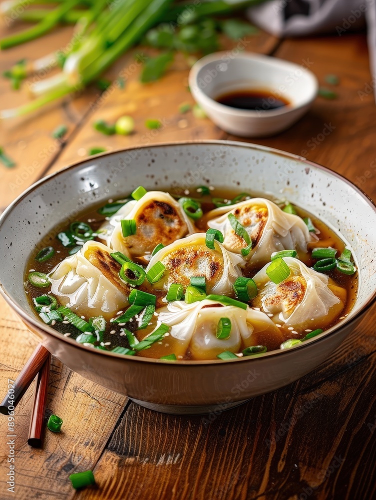 Delightful Chinese Wonton Soup Composition on Wooden Table with Soy Sauce and Chopsticks, Enhanced with Bright Lighting Delightful Chinese Wonton Soup Composition on Wooden Table with Soy Sauce and Chopsticks, Enhanced with Bright Lighting