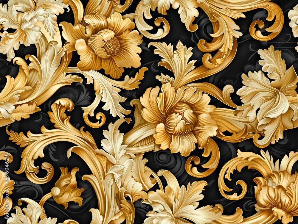 Elegant gold baroque floral pattern on a black background Elegant gold baroque floral pattern on a black background