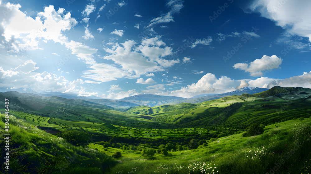 Fototapeta premium Expansive green valley under a bright blue sky with fluffy white clouds.