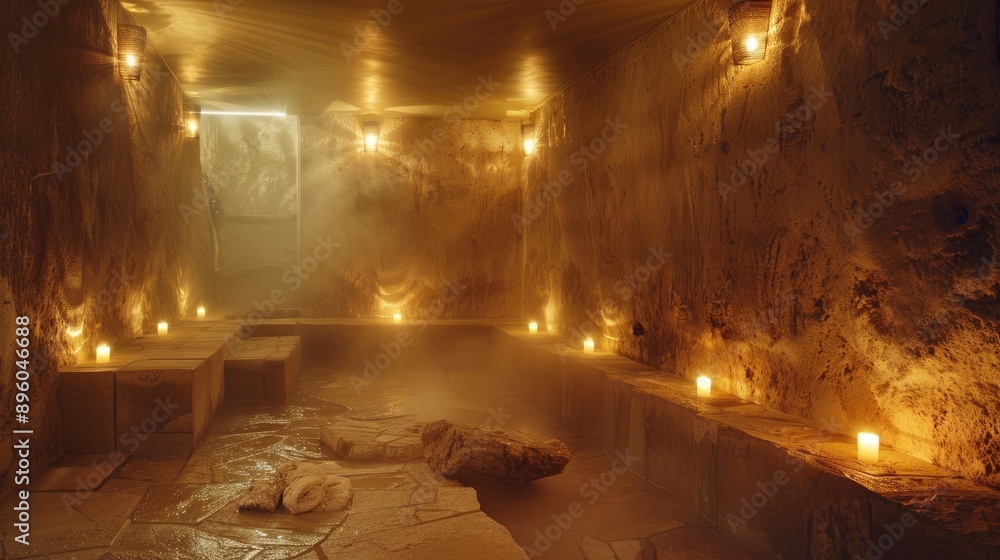 Obraz premium Serene Herbal Sauna with River Stones and Candlelight for Deep Relaxation