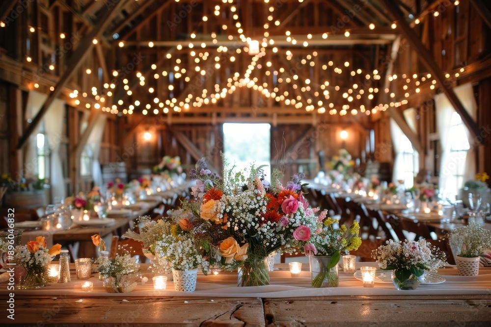 Rustic barn wedding reception decorated with string lights and floral centerpieces. Rustic barn wedding reception decorated with string lights and floral centerpieces.