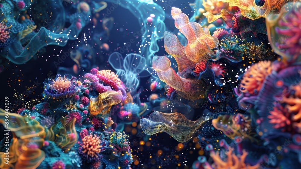 Fototapeta premium A digital composition of organic shapes resembling underwater corals, with a deep ocean background
