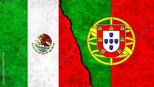 Mexico and Portugal flag together on wall. Portugal Mexico relations, economy, friendship, conflict, trade concept. Mexico vs Portugal