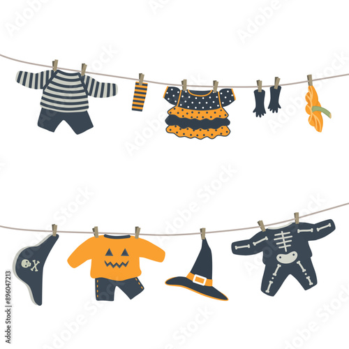 Halloween Costumes Hanging on Clotheslines. Set. Orange and Black Holidays Items. Witch, Skeleton, Pumpkin, Pirate Kids Costumes. Halloween Kids Costumes Isolated on White. Vector illustration