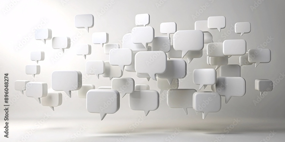 Obraz premium Floating Speech Bubbles. A visually striking collection of white speech bubbles suspended in a soft, neutral background, symbolizing communication and dialogue in a modern digital context. 