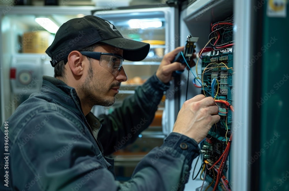 Technician repairing refrigerator circuit board with precision and focus Technician repairing refrigerator circuit board with precision and focus