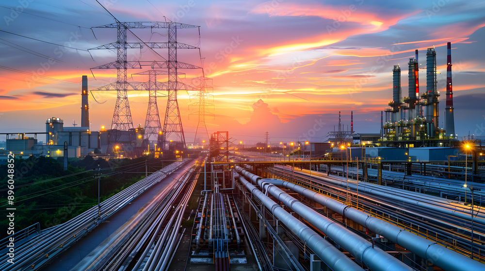 Industrial landscape with pipelines and power lines at sunset.. Industrial landscape with pipelines and power lines at sunset..