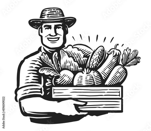Male farmer holding wooden box with fresh vegetables. Farm organic food, sketch vector illustration