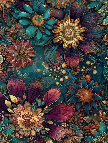 An intricate abstract floral pattern, featuring detailed flowers in shades of teal, magenta, and gold photo