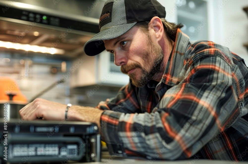 Technician working on a kitchen appliance, troubleshooting and repairing issues Technician working on a kitchen appliance, troubleshooting and repairing issues