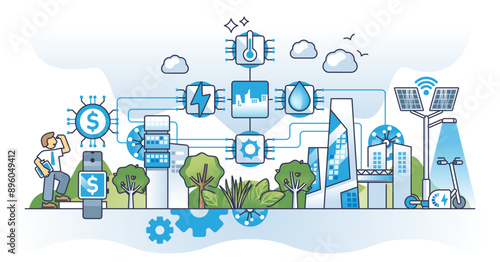 Green infrastructure for future with sustainable power outline concept, transparent background. Ecological urban scene with smart and autonomous IOT city control.