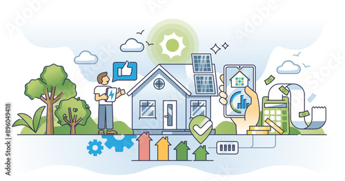 Home energy green audits with cost efficiency calculations outline concept, transparent background. House insulation, electricity usage.