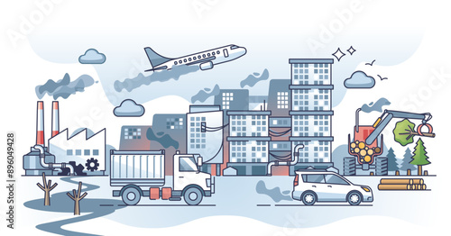 Human contribution and pollution impact on climate change outline concept, transparent background. CO2 destruction from aviation and transportation emissions illustration.