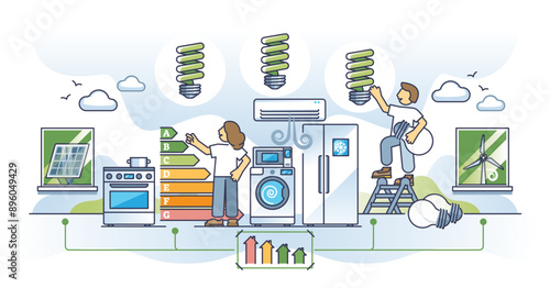 Home energy efficiency and everyday appliances power usage outline concept, transparent background. Electricity consumption classification with A classes illustration.