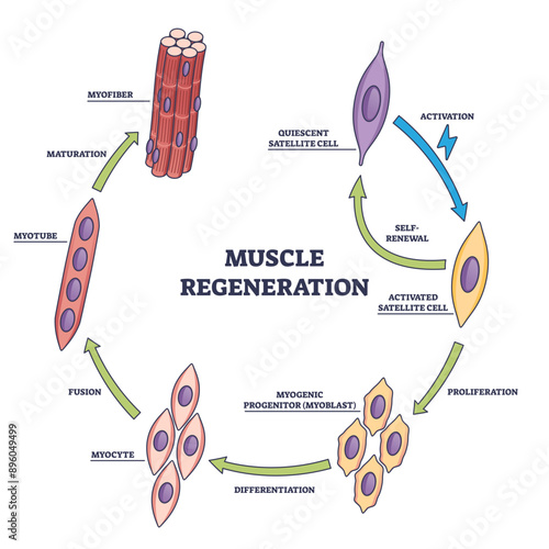 Muscle regeneration with microbiological division stages outline diagram, transparent background. Labeled anatomical steps with activation, proliferation, differentiation.
