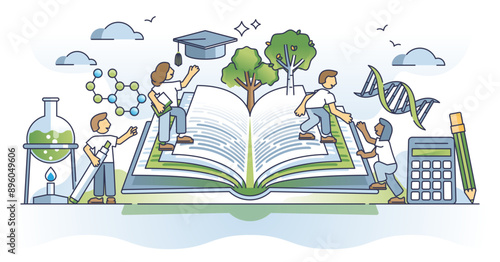 Pathway to knowledge and academic training with smart books outline concept, transparent background. Chemistry, physics or math research in teamwork groups illustration.