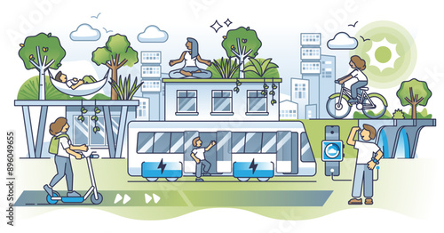 Carbon neutral solutions and net zero CO2 urban environment outline concept, transparent background. City with green lifestyle and sustainable infrastructure.