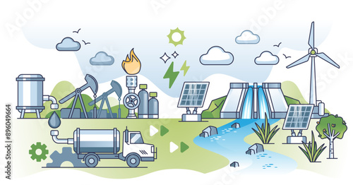 Transitioning from fossil fuels to green sustainable energy outline concept, transparent background. Wind turbines, solar panels or hydro stations.